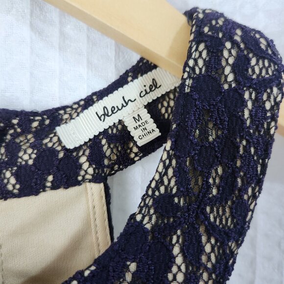 Bleuh ciel Dress Womens Size Medium Navy Lace Overlay Beige Shell VG Condition - Picture 6 of 8